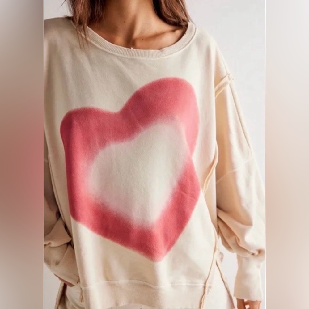 Free People Camden Pullover Sweatshirt Pink Spray Paint Heart Graphic NWOT